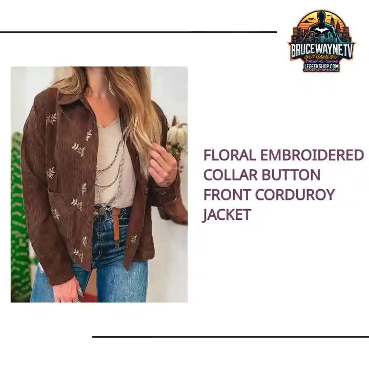 Floral Embroidered Collar Button Front Corduroy Jacket by@Outfy