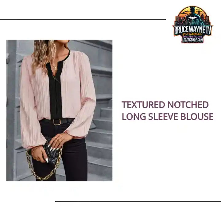 Textured Notched Long Sleeve Blouse by@Outfy