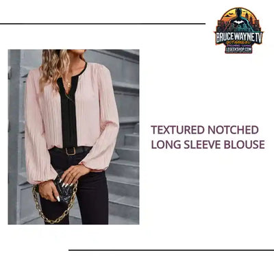 Textured Notched Long Sleeve Blouse by@Outfy