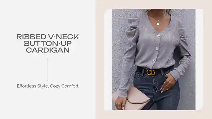 Ribbed V-Neck Button-Up Cardigan by@Outfy