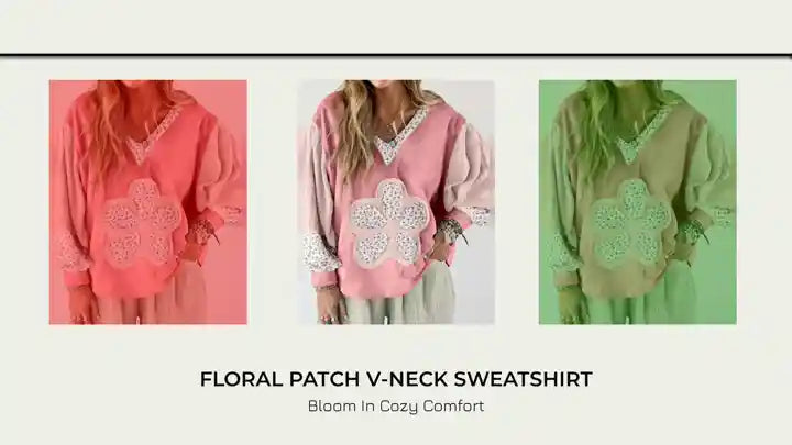 Floral Patch V-Neck Sweatshirt by@Outfy