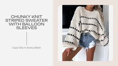 Chunky Knit Striped Sweater with Balloon Sleeves by@Outfy