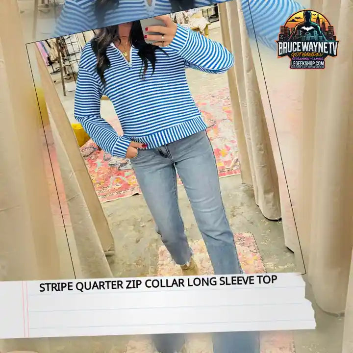 Stripe Quarter Zip Collar Long Sleeve Top by@Outfy