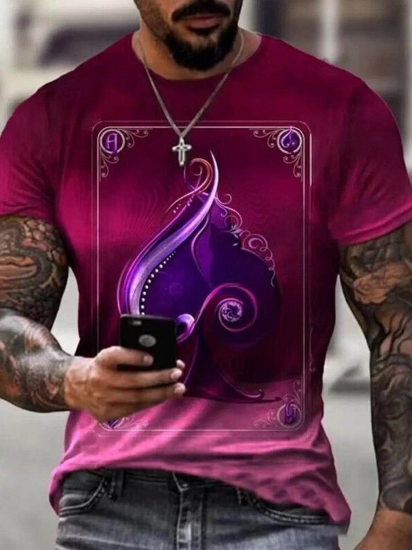 T-shirt homme grande taille imprimé avec design artistique en violet et rose, idéal pour un look décontracté